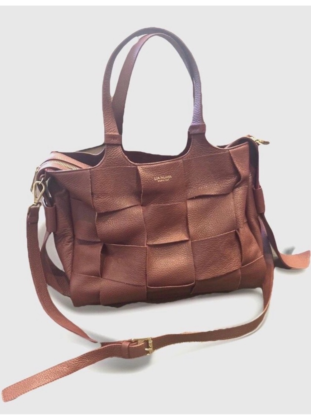 Lia Numa Italian Basket Weave Leather Tote Purse Bag Burgundy Large